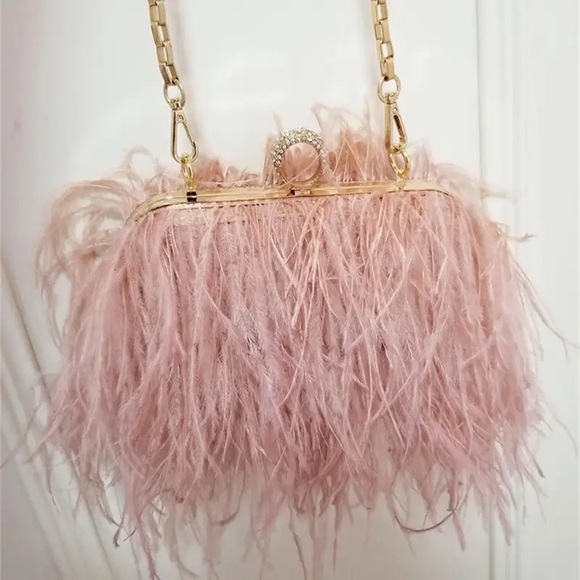 🌸 OSTRICH FEATHER ELITE CLASSY CLUTCH PURSE BAG DESIGNER ELITE PROM BEBE CHAIN - Picture 3 of 3